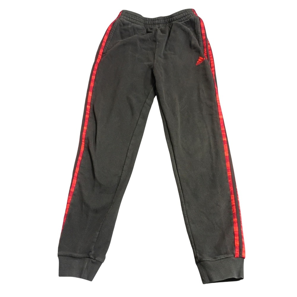 Adidas Joggers Boys XL 18/20 Gray Red Stripe Fleece Athletic Sweatpants